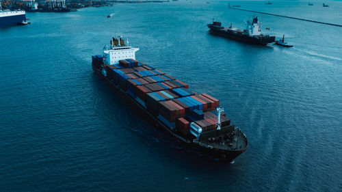 High angle view of boats in sea