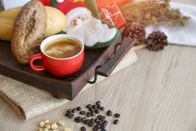High angle view of breakfast on table