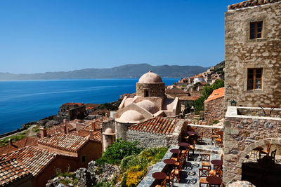 Panoramic view of buildings and sea against clear blue sky