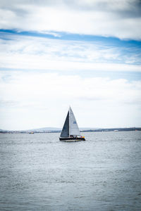 Sailboat sailing on sea against sky