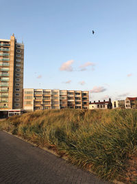 Buildings by road against sky in city