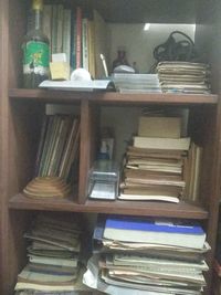 Stack of books on table at home