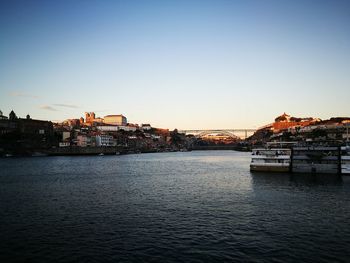 Scenic view of river against clear sky at sunset