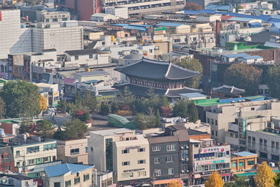 High angle view of buildings in city