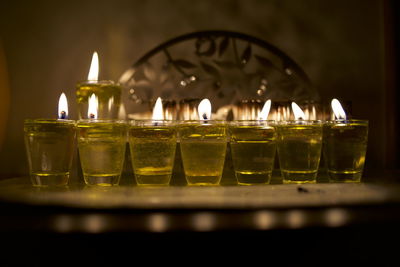 Close-up of illuminated candles on table