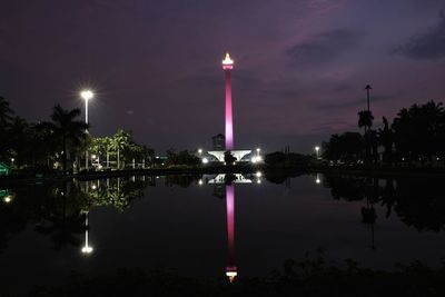 Reflection of illuminated buildings in lake at night