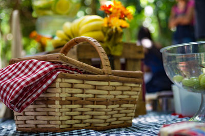 Close-up of fruits in basket for sale