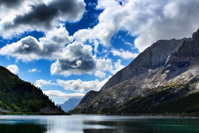 Scenic view of lake against cloudy sky