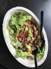 High angle view of salad in bowl on table