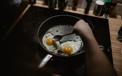 High angle view of breakfast on table