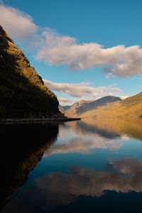 Scenic view of lake by mountains against sky