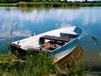 Boat moored at lakeshore