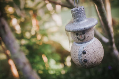 Close-up of metal hanging on tree