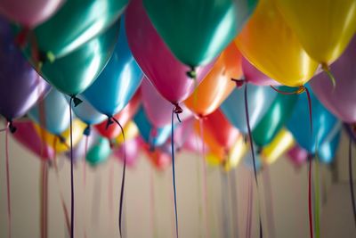 Close-up of colorful balloons hanging at home