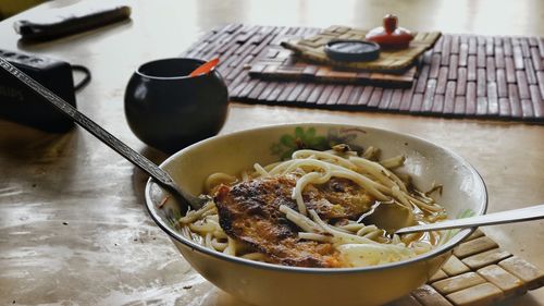 High angle view of food in bowl on table