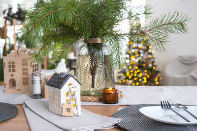 Close-up of christmas decorations on table