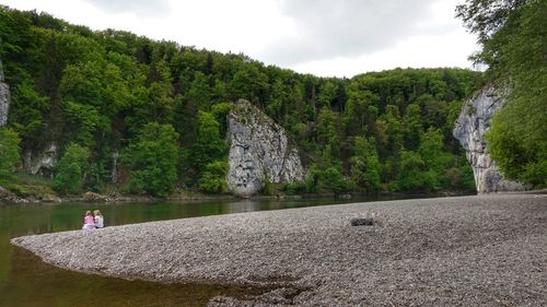 Scenic view of lake by trees against sky