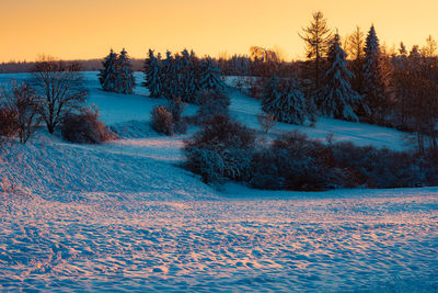 Snow covered field against sky during sunset