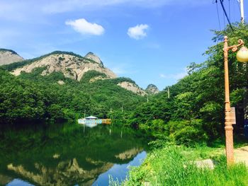 Scenic view of lake and mountains against sky