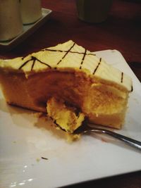 High angle view of cake in plate on table