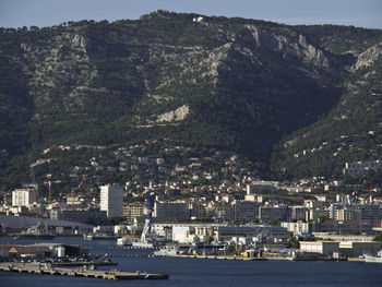 High angle view of city buildings