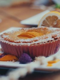 Close up of peach cake