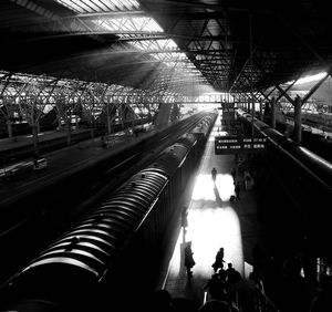 High angle view of illuminated railroad station platform at night