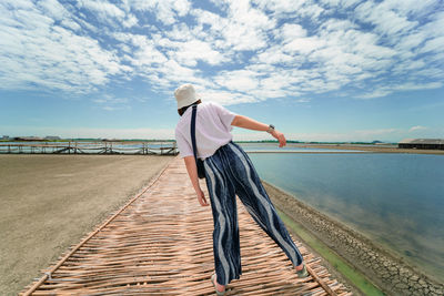 Rear view of man on beach against sky