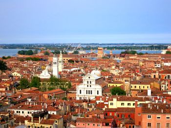 High angle view of town against sky