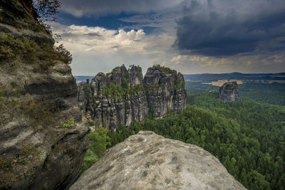 Panoramic view of rock formations on landscape against sky