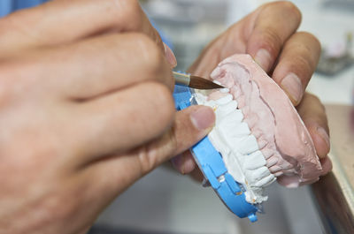 Cropped image of dentist using paintbrush while holding dental mold