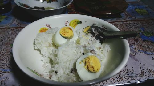 High angle view of breakfast served on table