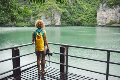 Rear view of woman standing at observation point against sea