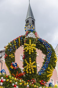 Low angle view of multi colored flowers against building