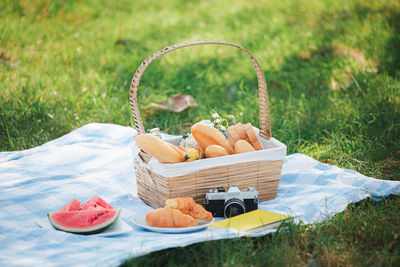 Various fruits in basket on field