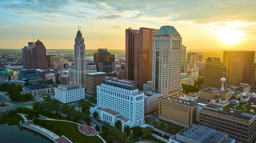 High angle view of cityscape against sky during sunset