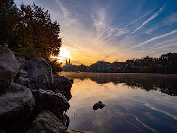 Morning lights at river danube near downtown of regensburg in autumn