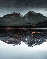 Reflection of mountain in lake during winter