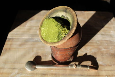 High angle view of drink on table