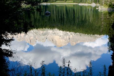 Reflection of trees in lake against sky