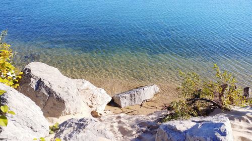 High angle view of rocks on beach