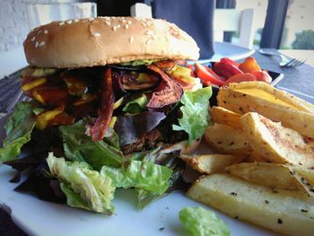 Close-up of burger in plate