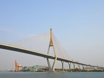 Low angle view of suspension bridge against clear blue sky