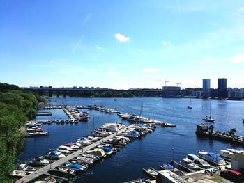 High angle view of boats sailing in river