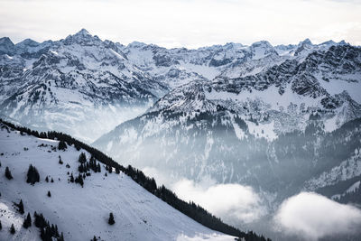 Scenic view of snow covered mountains against sky