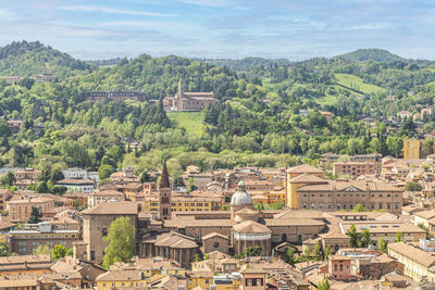 High angle view of buildings in city