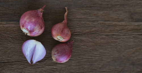 High angle view of garlic on table