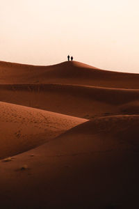 Silhouette people on sand dunes in the sahara of morocco at sunrise with golden hour lighting.  