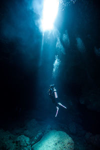 High angle view of man swimming in sea