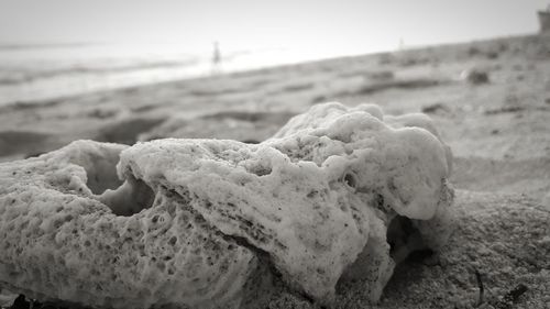 Close-up of rope on sand at beach against sky